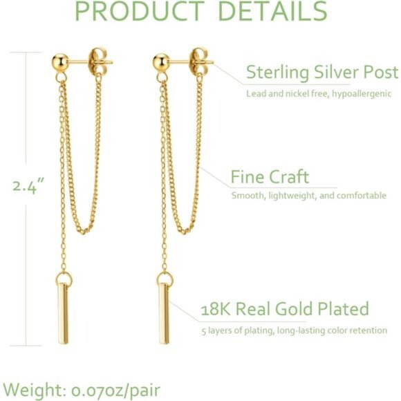 Chain Earrings for Women 18K Gold Plated Dainty Bar Drop Dangle Earrings - Picture 4 of 7